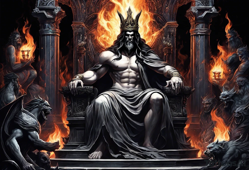 Hades (Left Forearm):

Hades seated on a dark throne in the underworld, surrounded by shadowy figures.
Flames flickering in the background, casting an eerie glow on Hades's features.
Ghostly apparitions and skeletal figures emerging from the darkness, representing souls in the underworld. tattoo idea
