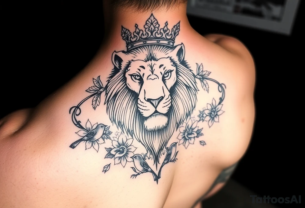 powerful majestic lion with a crown, surrounded by floral ornaments and birds tattoo idea