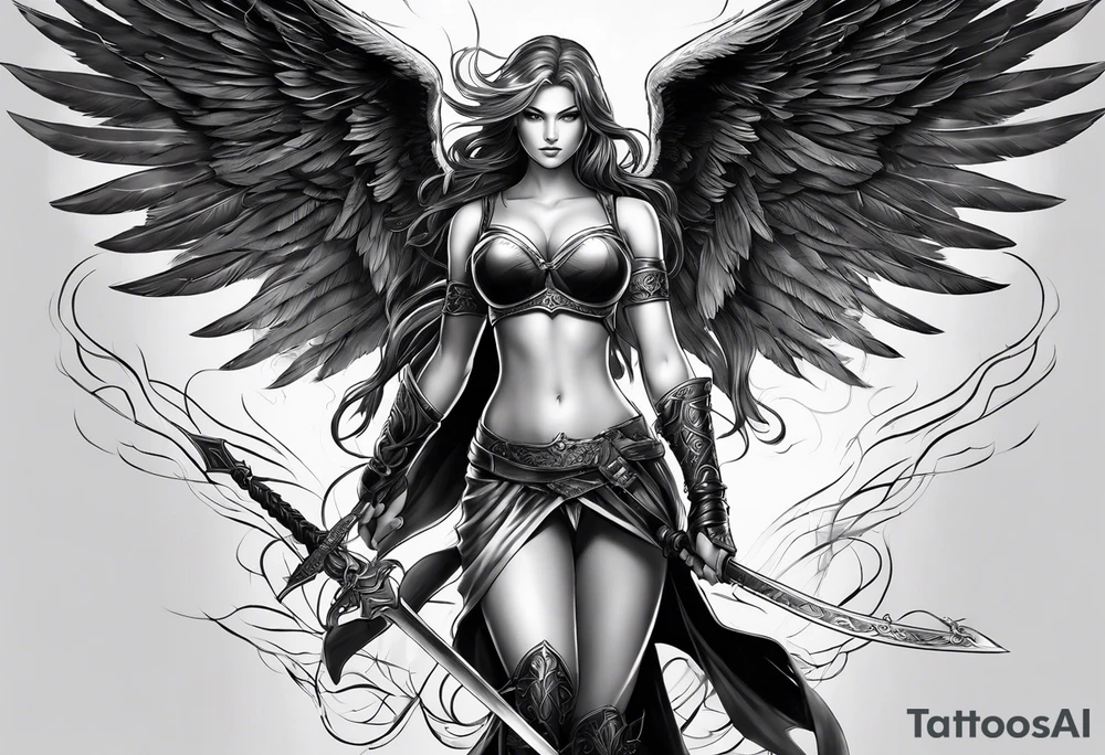 Female angel with sword lightning and lightning eyes tattoo idea