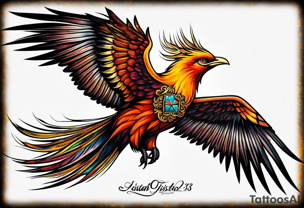 russian firebird in-flight with very long fancy tail "Isaiah 43: 18-19" tattoo idea