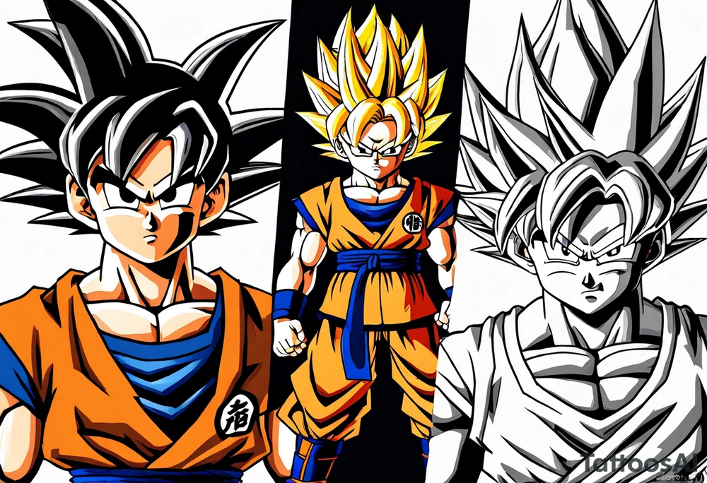 Son-Goku as a child in the foreground and an older version of him as a super saiyajin behind him. All takes place in a dragon ball tattoo idea