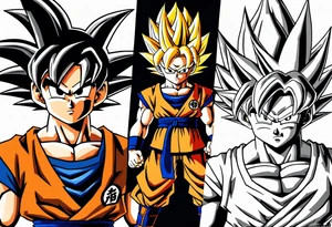 Son-Goku as a child in the foreground and an older version of him as a super saiyajin behind him. All takes place in a dragon ball tattoo idea