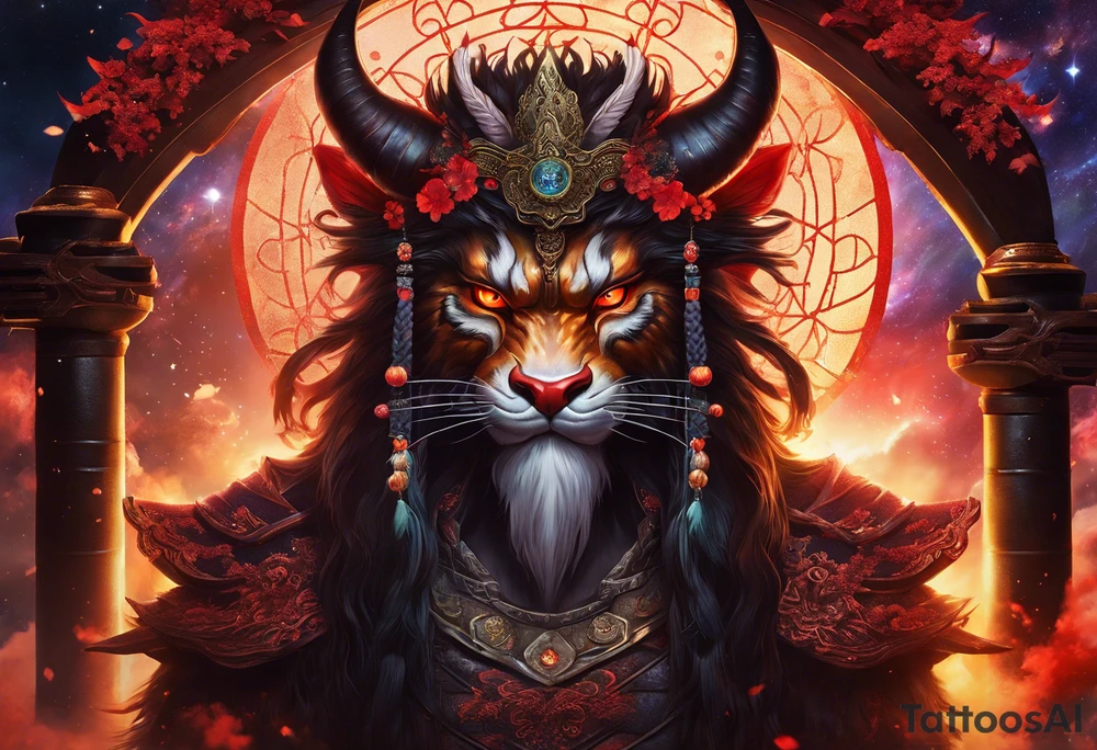 A majestic demon king with devilish features placed above torii gate is depicted in this realism image. The king's deep-set glowing galaxy-styled large eyes give off an aura of power and mystery. The king's head is acting as dreamcatcher and has braids styled like predator, with 2-3 ending with flame-styled feathers. The king's face is intricately dotted in narsimha/ rudra symbols. The head has a crown shaped blue and orangish flames with intricate and prominent koru maori symbols in the shape of trishul/ trident. The image is filled with vibrant colors, with deep blue, purple, and violet, with bright orange and yellow. This face bust (only face) is atop of a torii gate which is in a brush stroke style, somewhat visible. The king looks regal and powerful. tattoo idea