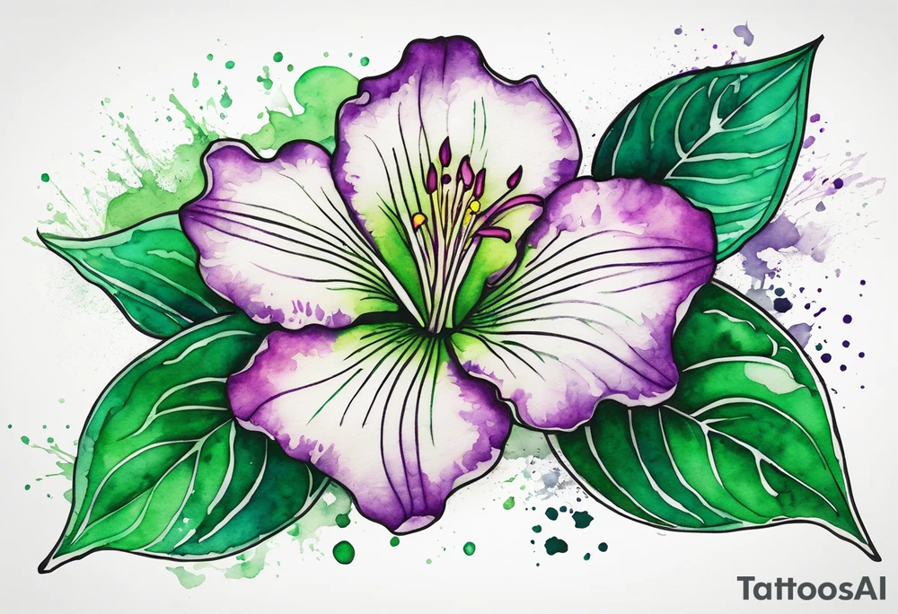 An outline of an only green rio dipladenia flower and a green and purple watercolor splash in the background tattoo idea