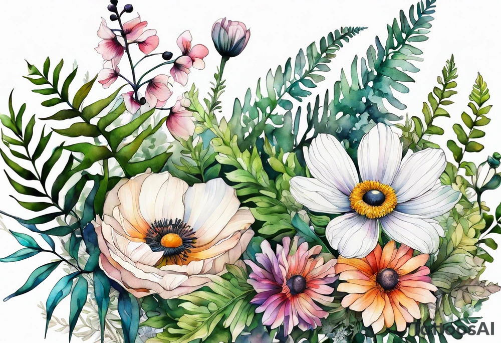 wild flowers with ferns and white anemone all watercolor tattoo idea