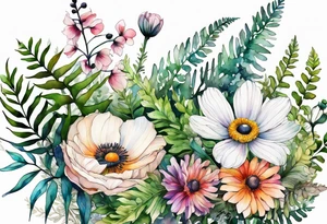 wild flowers with ferns and white anemone all watercolor tattoo idea