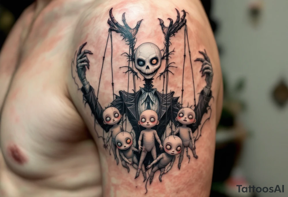 Tim Burton’s puppet master pulls tangled strings of porcelain dolls in faded peach and dusty gray. tattoo idea