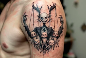 Tim Burton’s puppet master pulls tangled strings of porcelain dolls in faded peach and dusty gray. tattoo idea