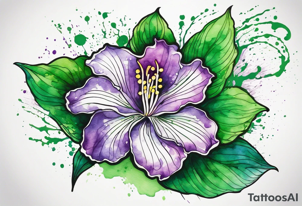 An outline of an only green rio dipladenia flower and a green and purple watercolor splash in the background tattoo idea