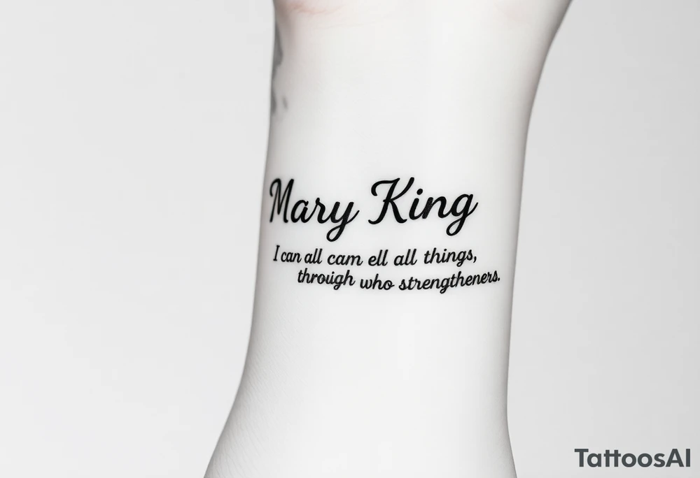 generate a pretty tattoo on my wrist with the name mary king and the bible verse “i can do all things through christ who strengthens me” and the verse tattoo idea