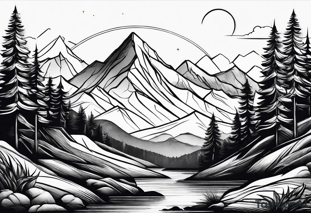 minimalistic mountain scene tattoo idea