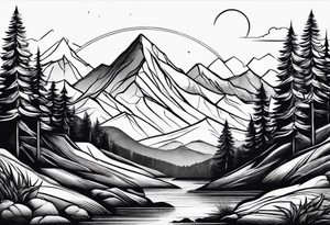 minimalistic mountain scene tattoo idea