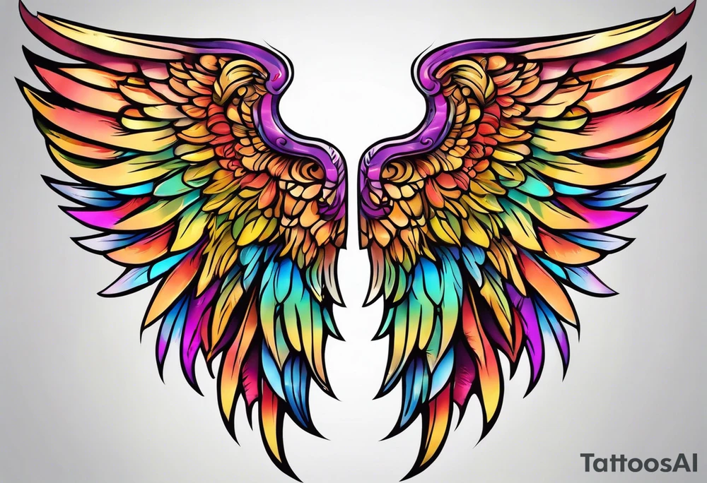 beautiful intricate colorful new school angel wings, tattoo idea