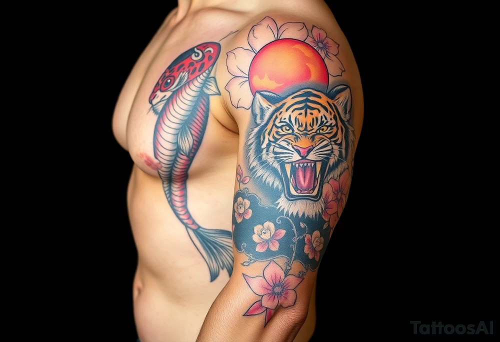 Full arm sleeve, one koi fish, one tiger, the sun, cherry blossom filler, beautiful tattoo idea