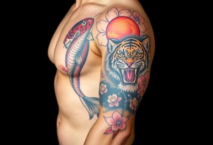 Full arm sleeve, one koi fish, one tiger, the sun, cherry blossom filler, beautiful tattoo idea