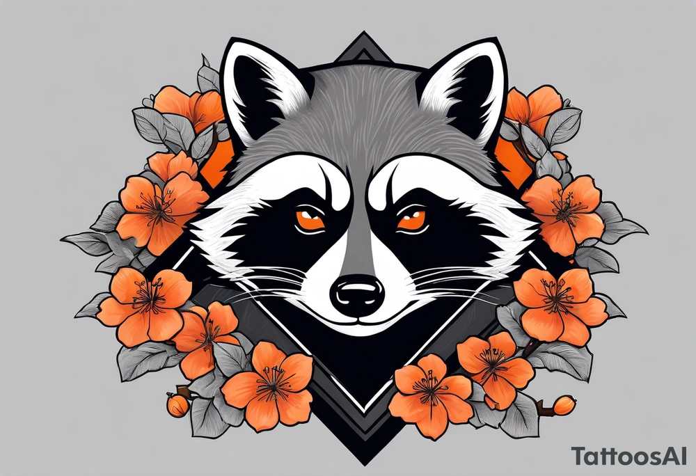 Raccoon wearing a white Superman logo on a black hoodie and orange Japanese cherry blossoms beside tattoo idea
