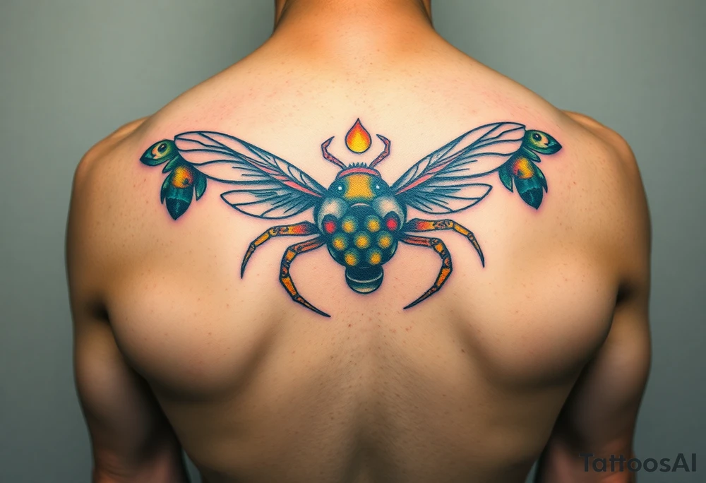 Honey comb bees, fish, crab tattoo idea
