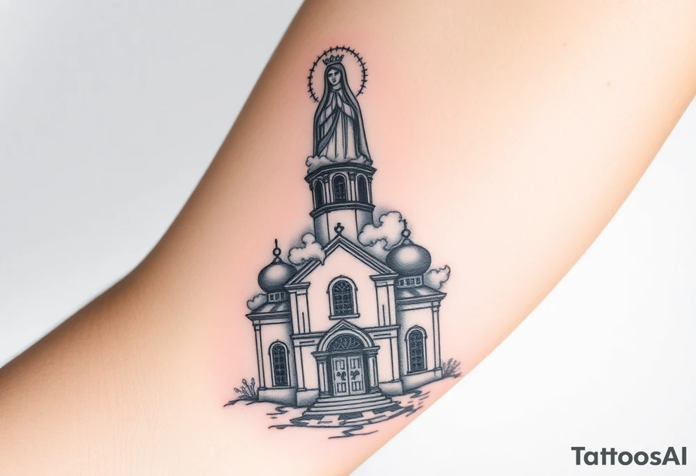 in a dorsal view a detailed orthodox church shrouded with a mist above and fading into a virgin mary overlooking above at the top tattoo idea