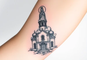 in a dorsal view a detailed orthodox church shrouded with a mist above and fading into a virgin mary overlooking above at the top tattoo idea
