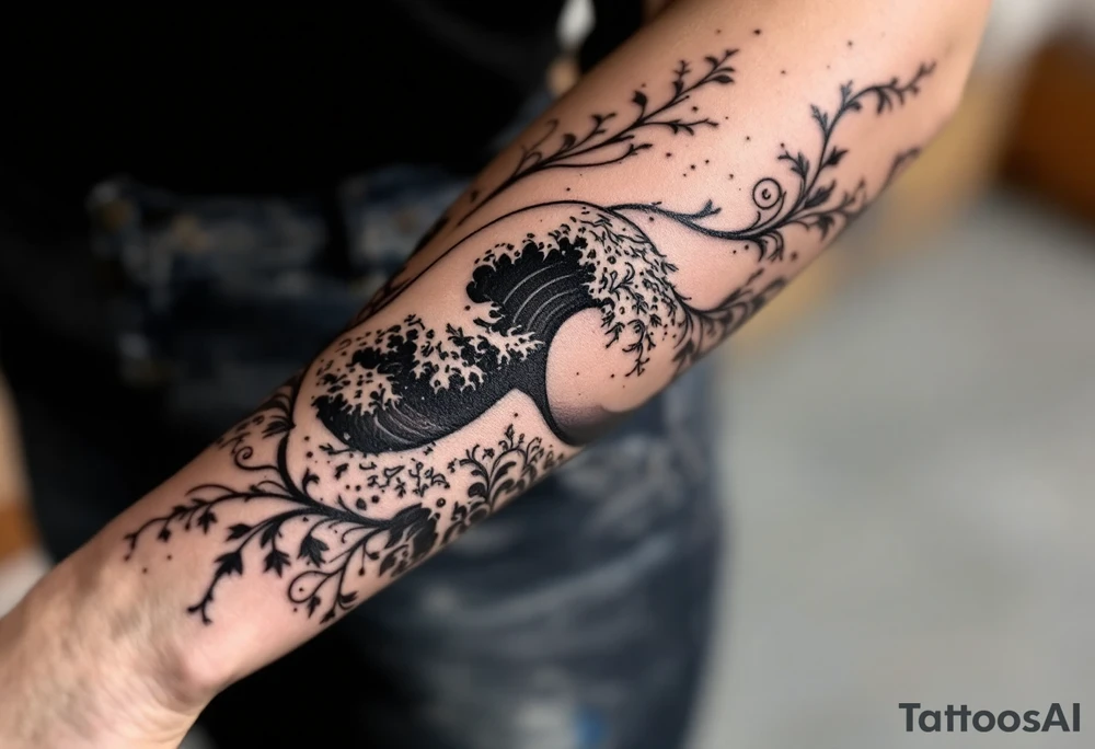 A bold black wave crest curls across the forearm, symbolizing strength and flow. tattoo idea