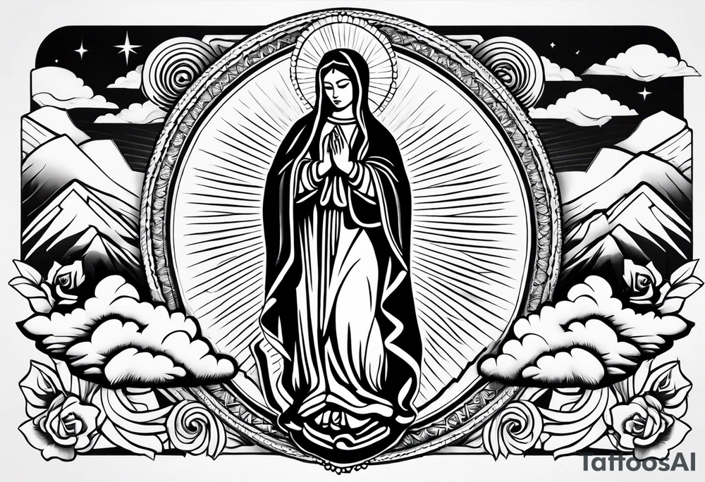 Virgen de Guadalupe with angel , clouds , mountains tattoo idea