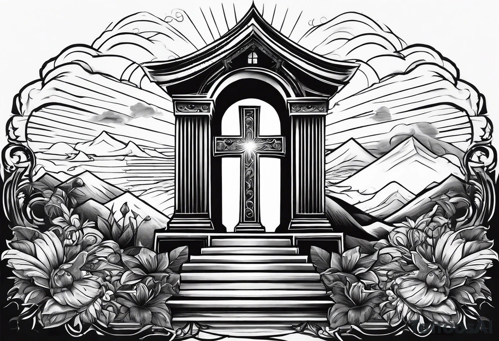Tomb with cross and sun in the background tattoo idea