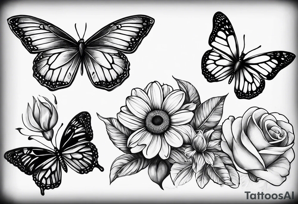 tattoo to represent that I have 3 children (girls). For inspiration I like flowers, the beach. Tattoo is for ribcage down side of body. I don't want images of women or girls in it. I want it pretty. To include daisy flowers and roses and buterfly tattoo idea