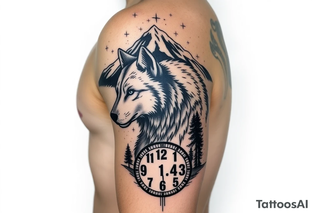 A full sleeve tattoo on left arm. At the top should be a majestic mountain top surrounded by the night sky and stars. Below the mountain top should be a majestic father wolf watching over his son. There should be water showing the reflections of both of the wolves. Beneath the water should be a time clock that shows the time as 1:43. There should be trees to fill in the gaps. tattoo idea