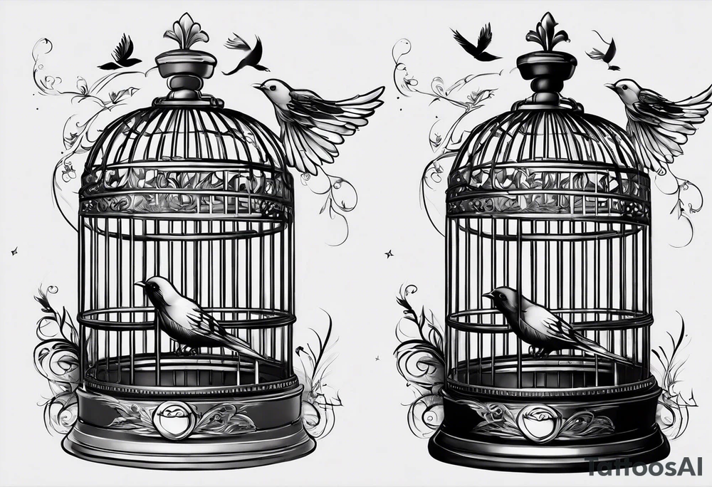 An open bird cage with a beautiful bird flying out of it. Make it look like you are looking into the cage from the front and the bird is flying toward you tattoo idea