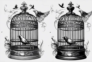 An open bird cage with a beautiful bird flying out of it. Make it look like you are looking into the cage from the front and the bird is flying toward you tattoo idea