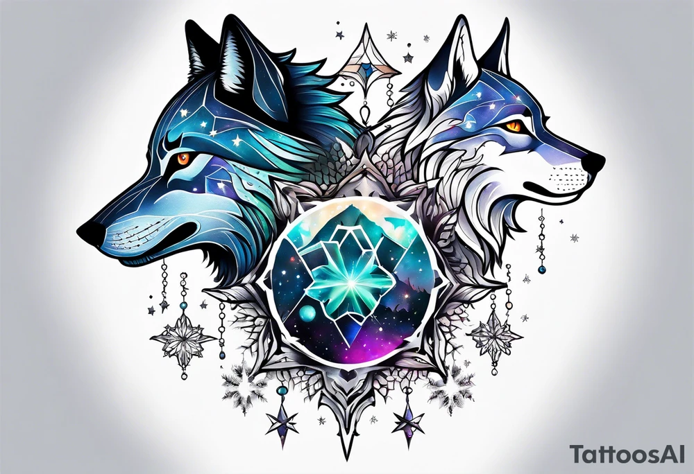 Constellation, two animal alien wolf, snowflake tattoo idea