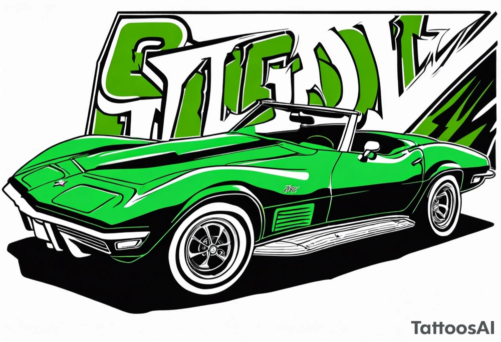 Skeleton smoking a cigarette driving a green 1976 convertible Corvette tattoo idea