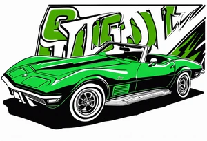 Skeleton smoking a cigarette driving a green 1976 convertible Corvette tattoo idea