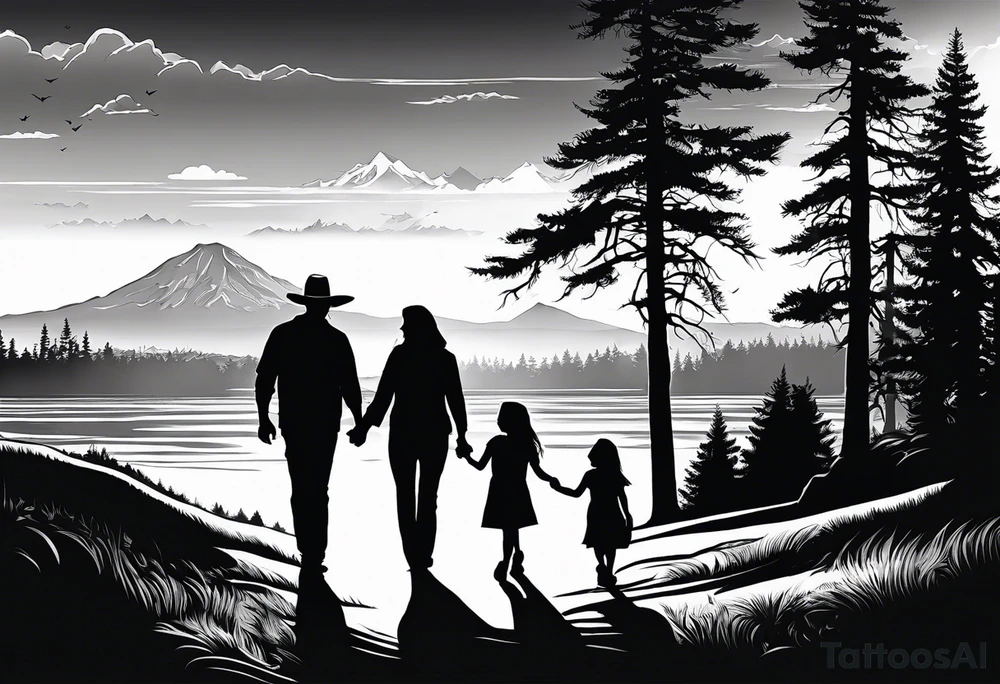 A shadow of a family of four walking through the Pacific northwest landscape. Father, Wife, Son, daughter.
 Faith centered and add Mexican culture .  Add border with importance of faith tattoo idea