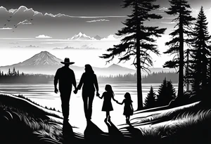 A shadow of a family of four walking through the Pacific northwest landscape. Father, Wife, Son, daughter.
 Faith centered and add Mexican culture .  Add border with importance of faith tattoo idea