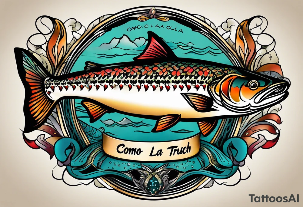 A small tattoo with a shaded trout and text that says, 'Como la trucha...' drawn with fine lines." tattoo idea