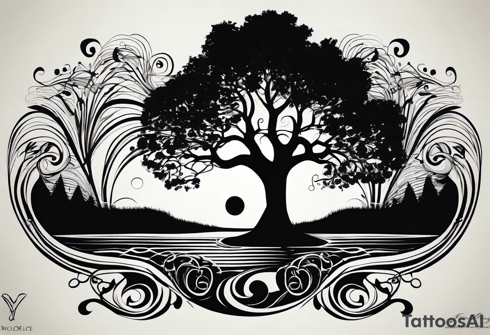 A tattoo design that incorporates the following elements: an abstract tree of life that has roots emerging  from the ground. Waves of water encapsulate the tree and wind around it in an organic way.  Incorporate music.   the letters U and A are overlapping and engraved into the tree. a golf ball incorporated but not prominent. tattoo idea