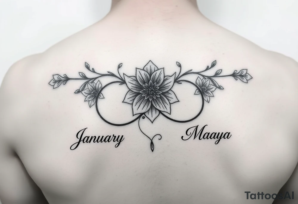January December july birth Flower infinity sign and the names Jayden Maya tattoo idea
