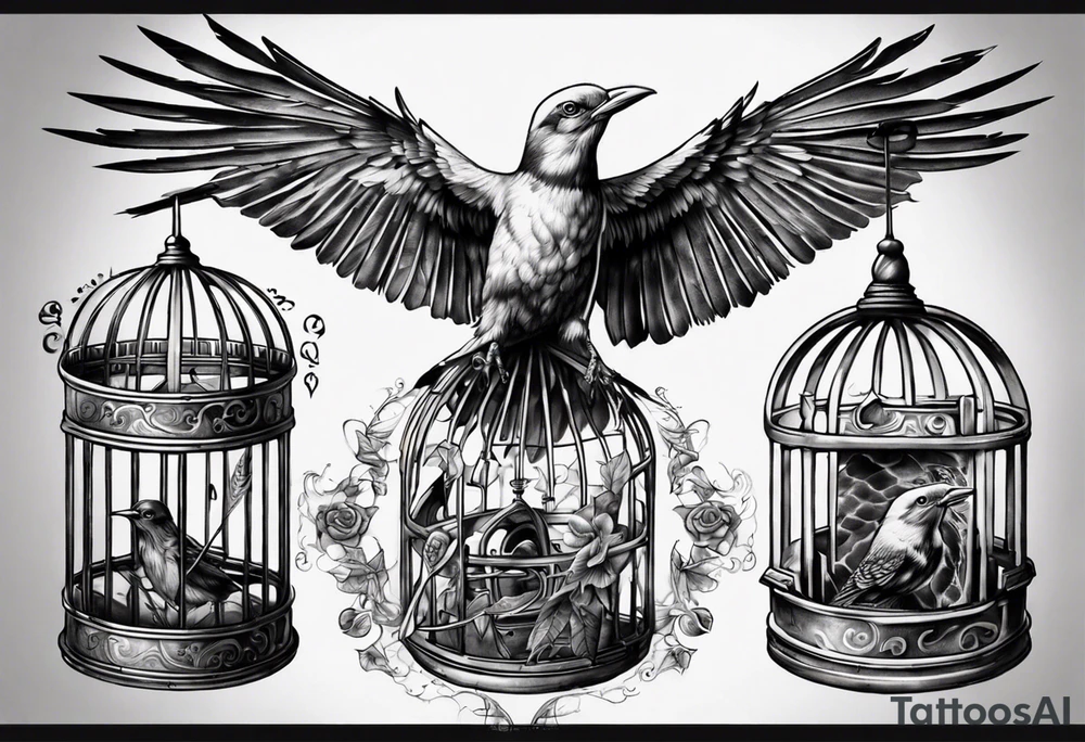 highly detailed bird, Lynyrd Skynyrd 
flying from birdcage tattoo idea