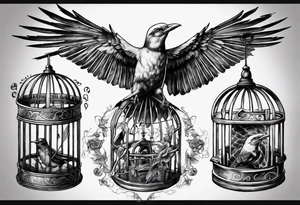 highly detailed bird, Lynyrd Skynyrd 
flying from birdcage tattoo idea