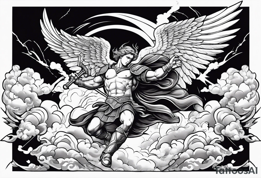 archangel Michael beating Lucifer in a fight with the background being clouds and lightning tattoo idea