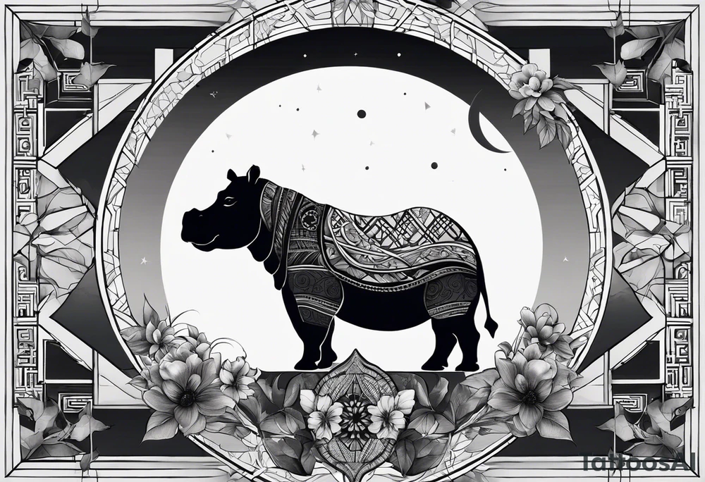 Very asymmetrical, +geometric pattern, with realistic full moon, with hippo at side look, +tribal, +geometric, +inkart , +blackwork, +grey scale, + sketch
with wintersweet flower bud, +inkart touch, +for men, detailed , combined favourite tattoo idea
