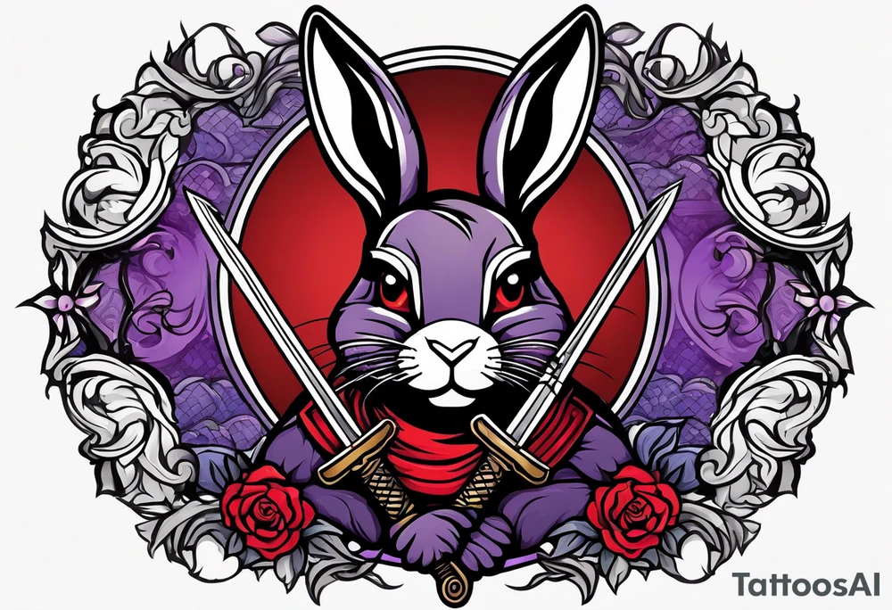 Black, red, and purple rabbit holding a sword tattoo idea