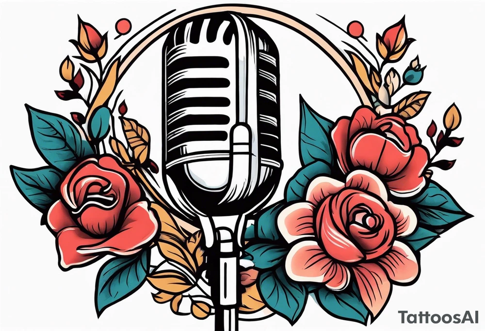 old school traditional vintage style design of lips singing into microphone with vintage flowers surrounding it tattoo idea