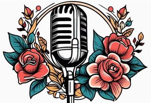 old school traditional vintage style design of lips singing into microphone with vintage flowers surrounding it tattoo idea