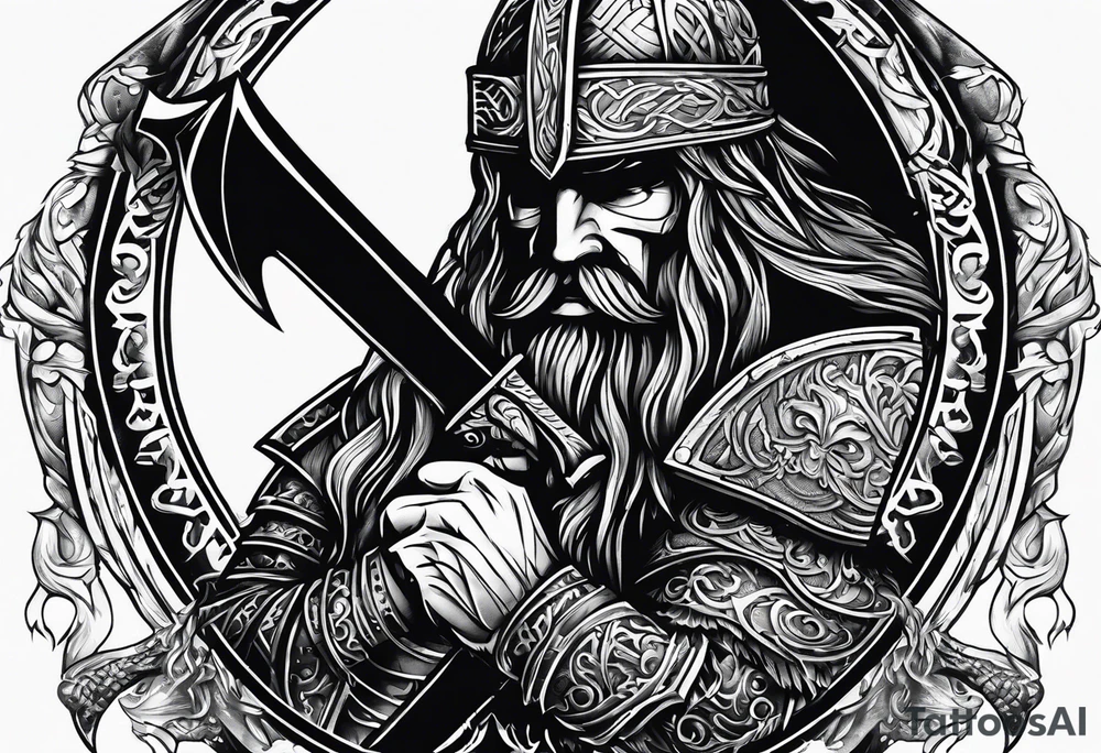 Valhalla sword shield axe mist fog tattoo idea