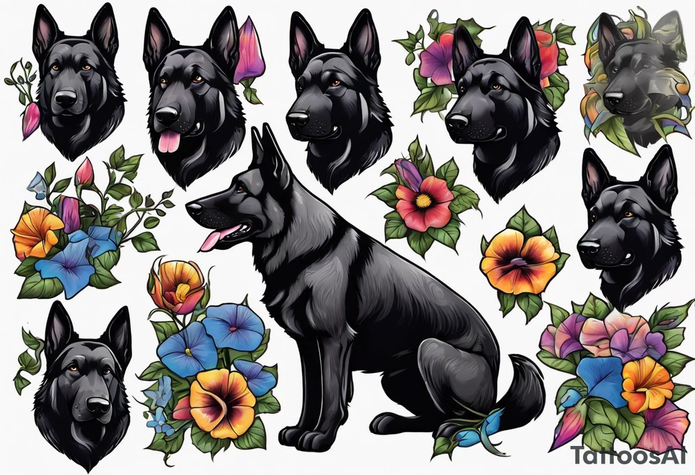 Black German shepherd portrait brightly colored with morning glory tattoo idea