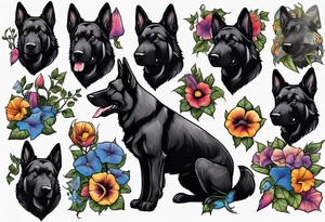 Black German shepherd portrait brightly colored with morning glory tattoo idea