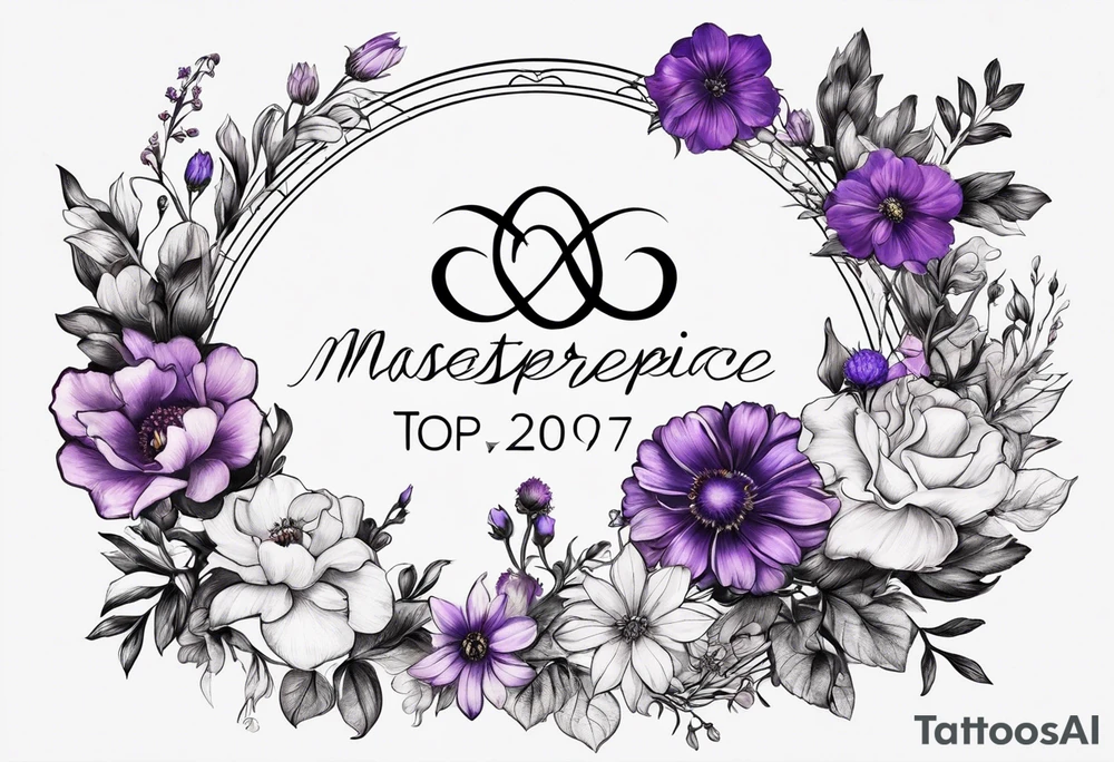 Infinity symbol with violet, rose, larkspur and aster birth flowers as one side of the symbol the date 8.30.1997 on the other side tattoo idea