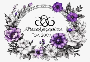 Infinity symbol with violet, rose, larkspur and aster birth flowers as one side of the symbol the date 8.30.1997 on the other side tattoo idea